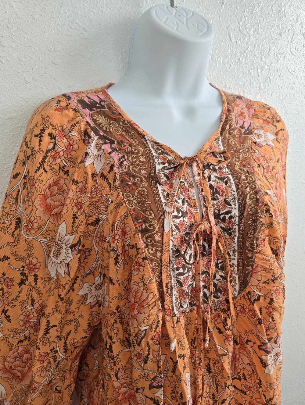 Miss Sparkling Boho Floral Peasant Blouse Size Medium Orange Long Sleeve - Picture 4 of 8